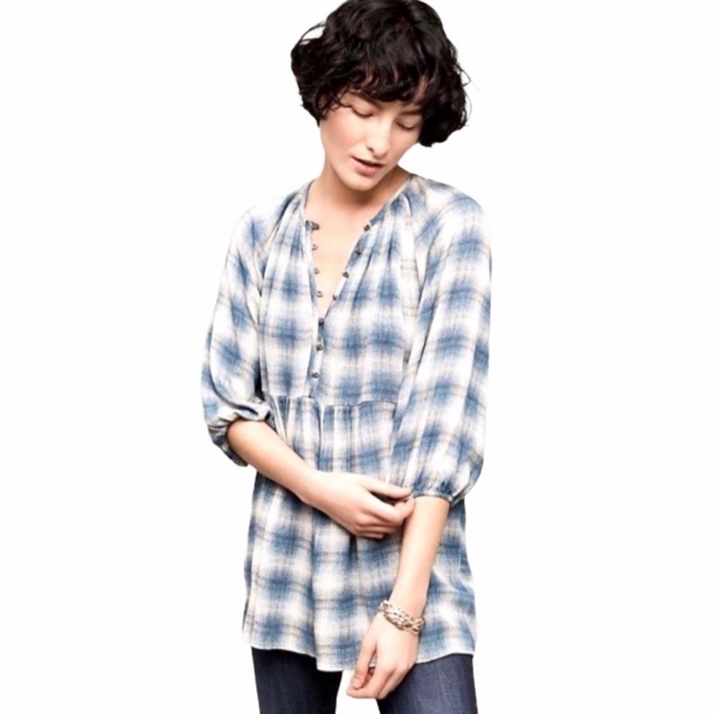 ANTHROPOLOGIE Maeve Blue Plaid Peplum Top Size Small